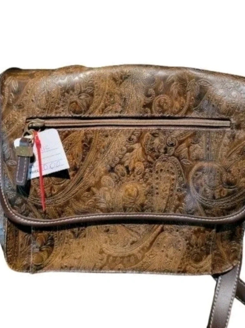Relic Embossed Brown Leather Crossbody Bag